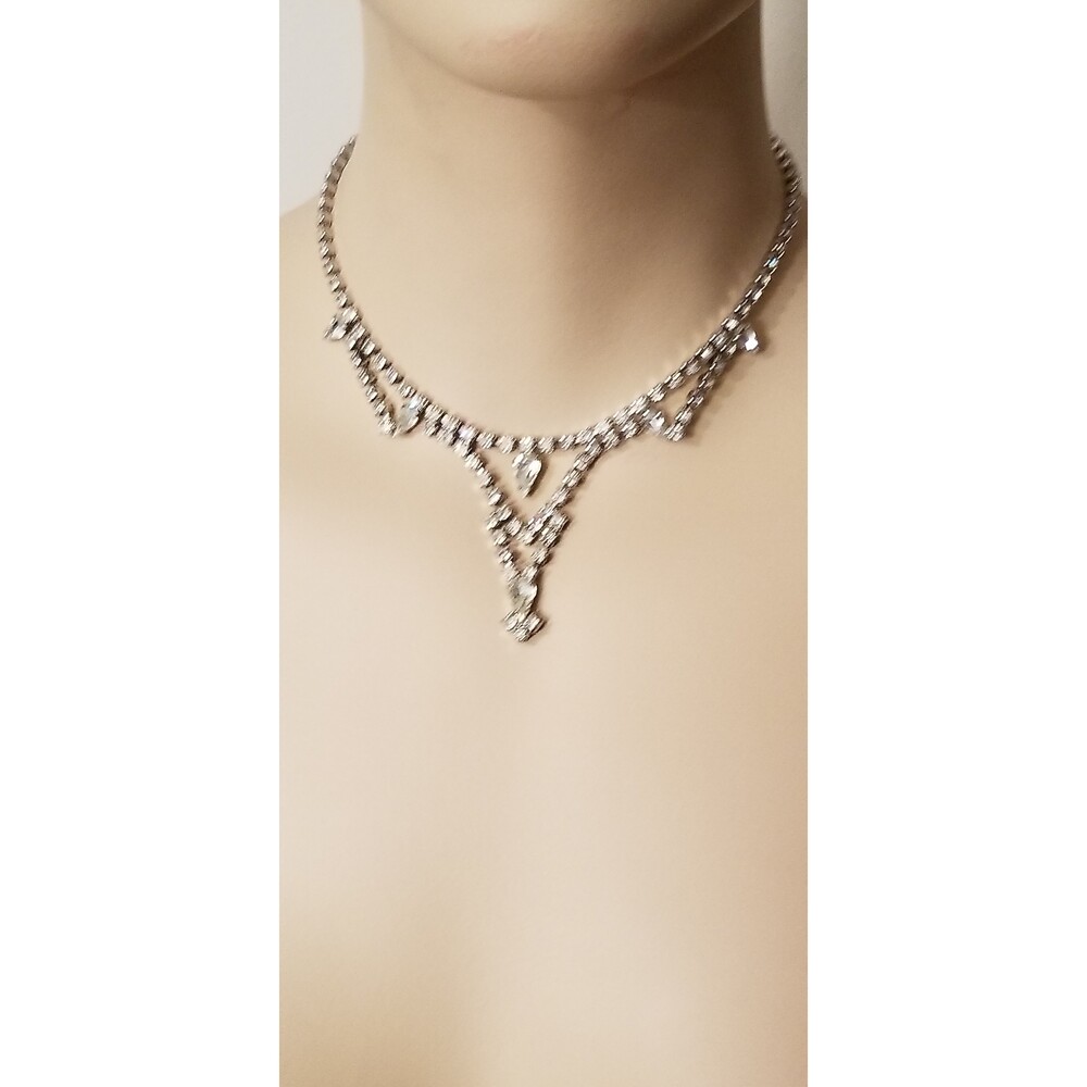 Vintage Silver Tone Rhinestone Choker Necklace – Elegant Prom/Formal Jewelry